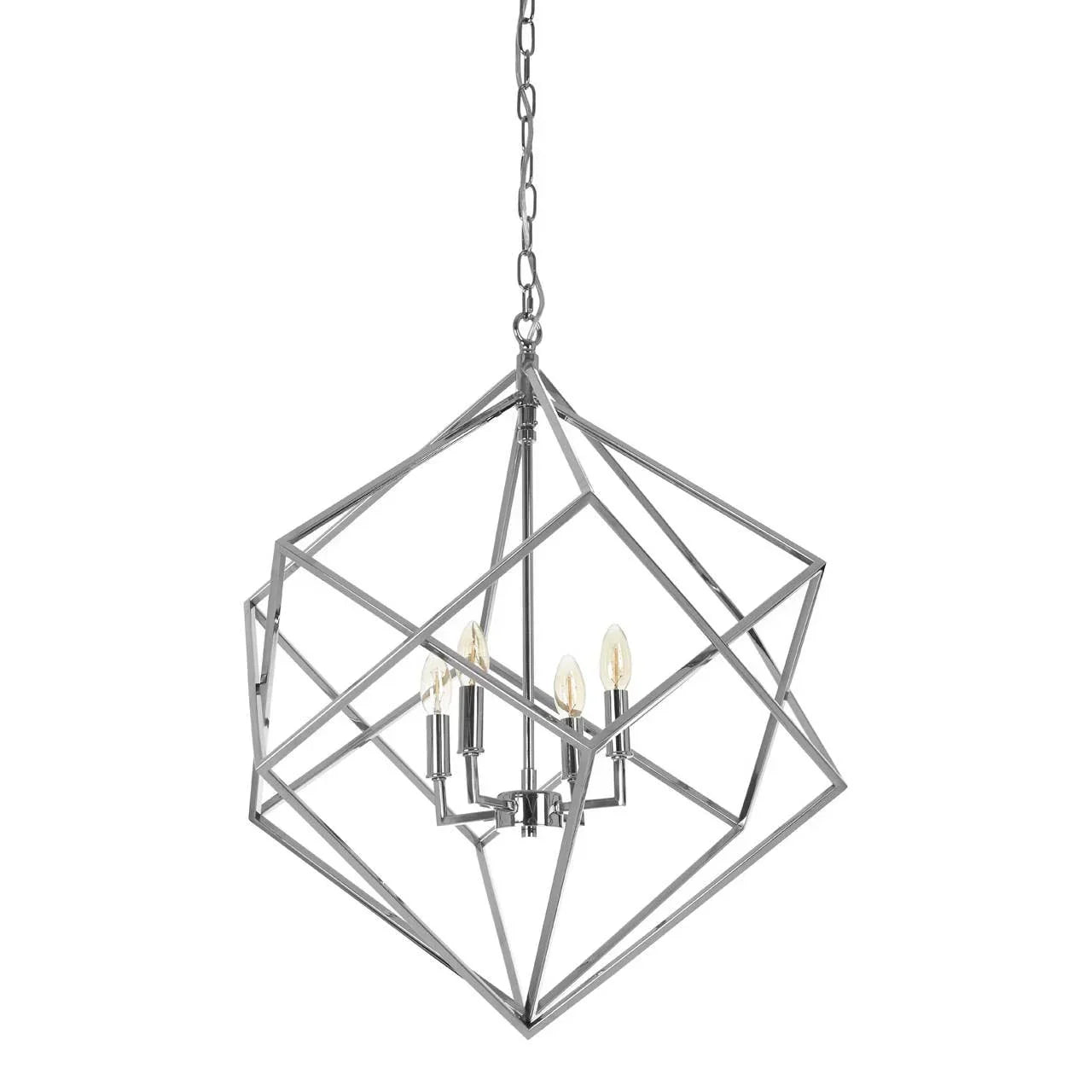 Geometric chrome pendant ceiling light with exposed bulbs and open metal frame