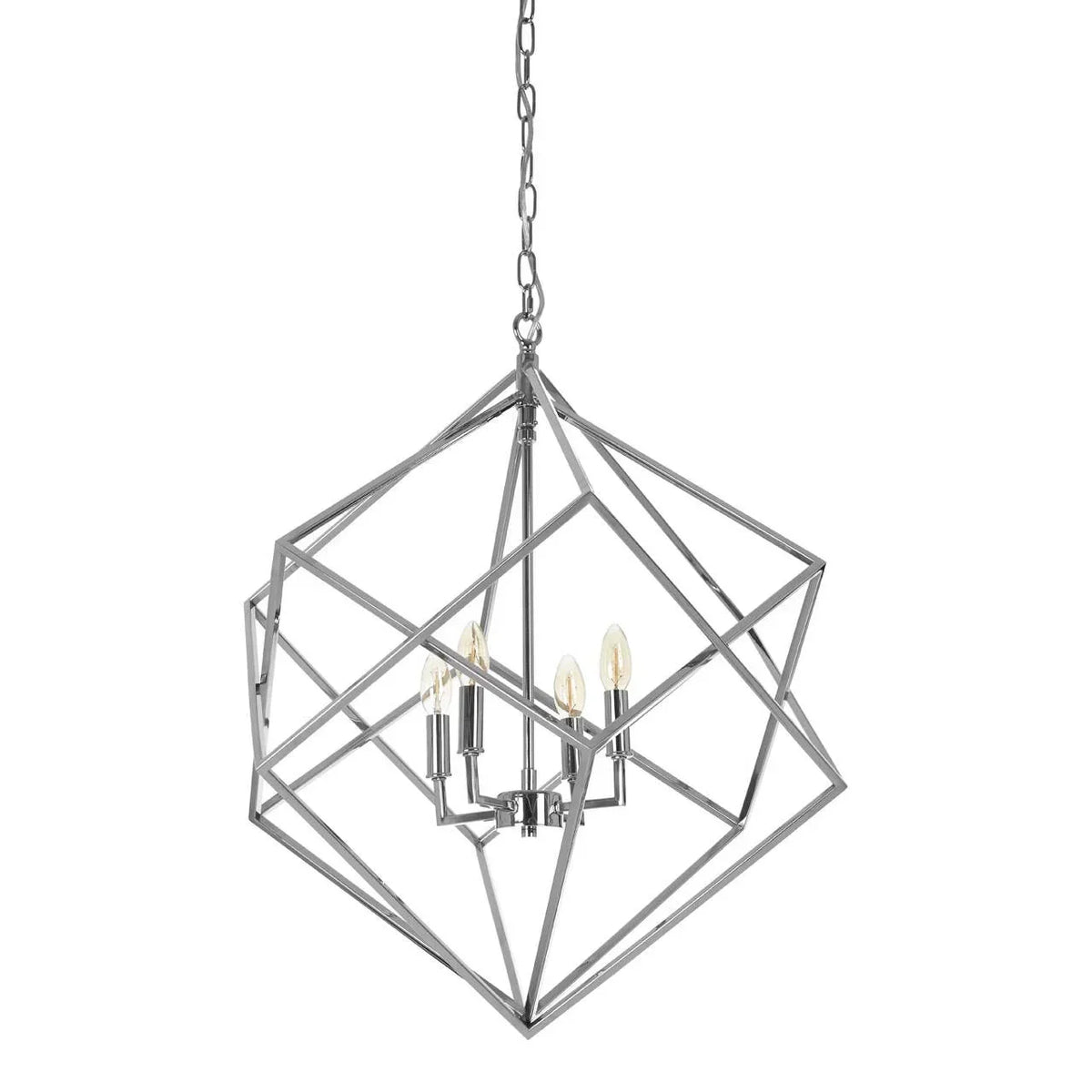 Geometric chrome pendant ceiling light with exposed bulbs and open metal frame