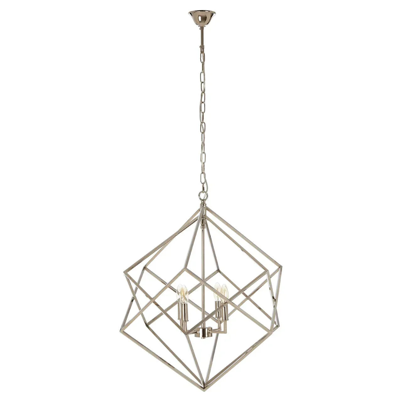 Geometric pendant ceiling light with metal frame and exposed bulbs