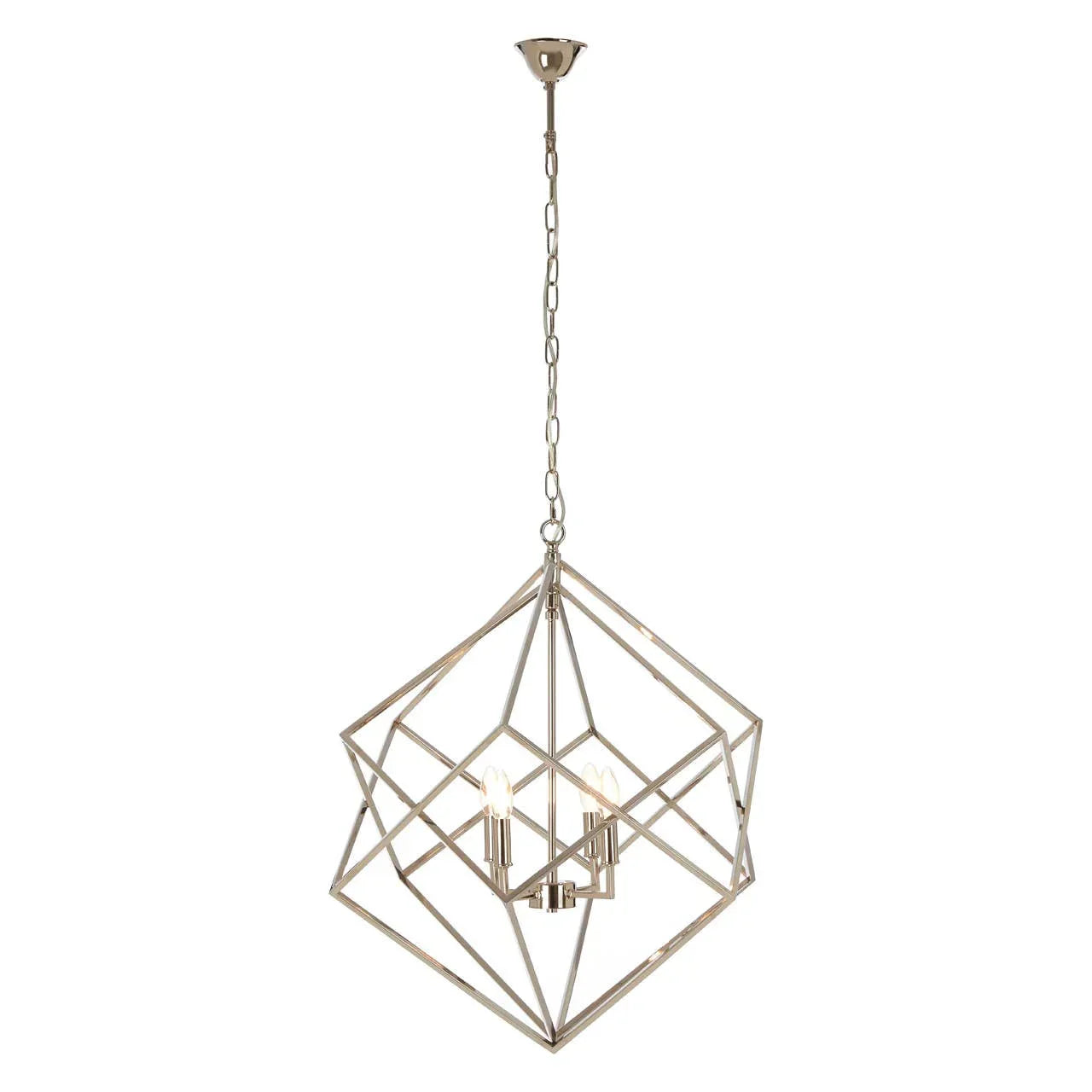 Geometric metal pendant ceiling light with exposed bulbs and chrome finish