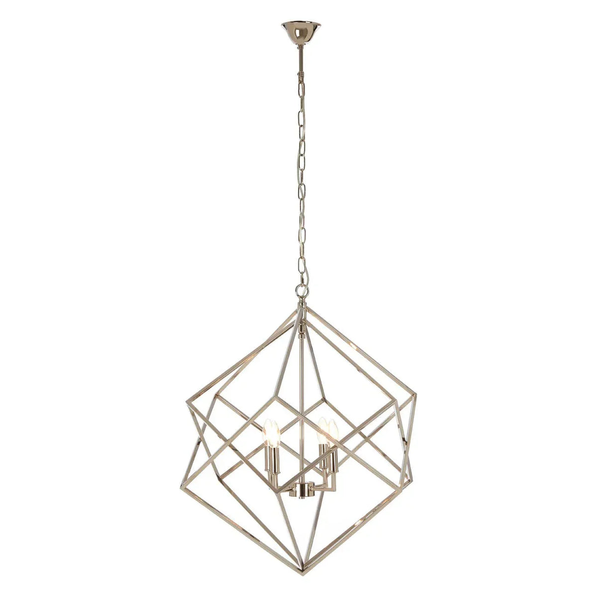 Geometric metal pendant ceiling light with exposed bulbs and chrome finish