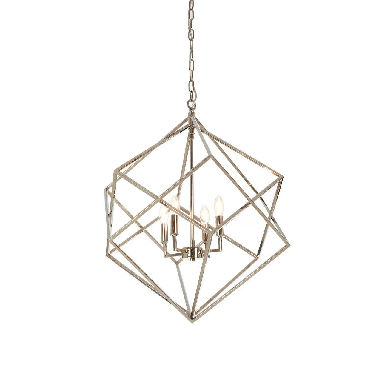 Geometric metal pendant light with exposed bulbs and nickel finish hanging from chain