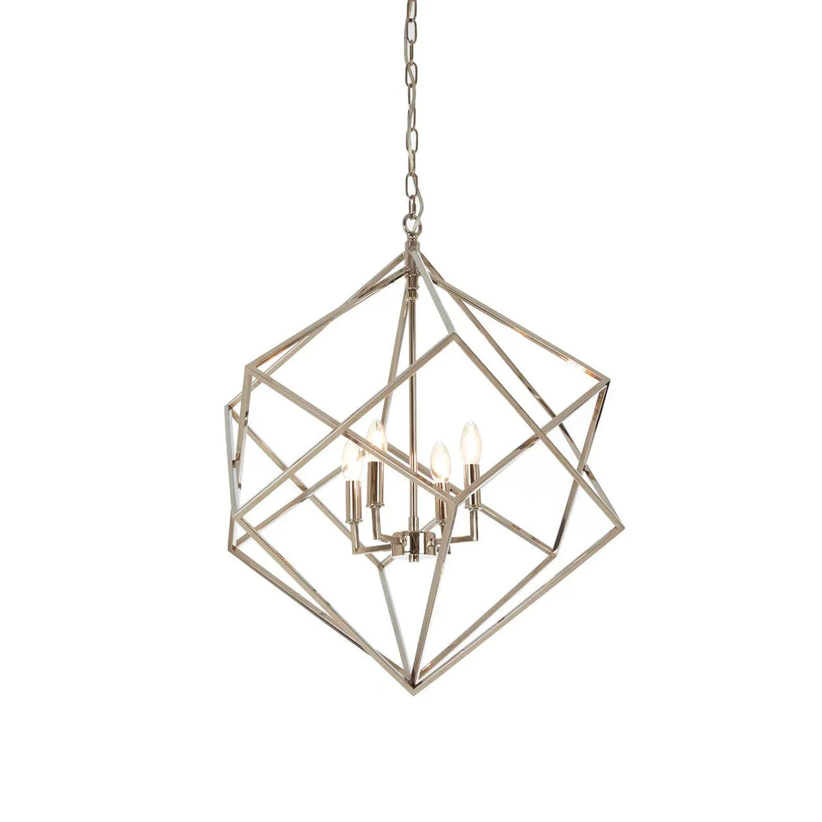 Geometric metal pendant light with exposed bulbs and nickel finish hanging from chain
