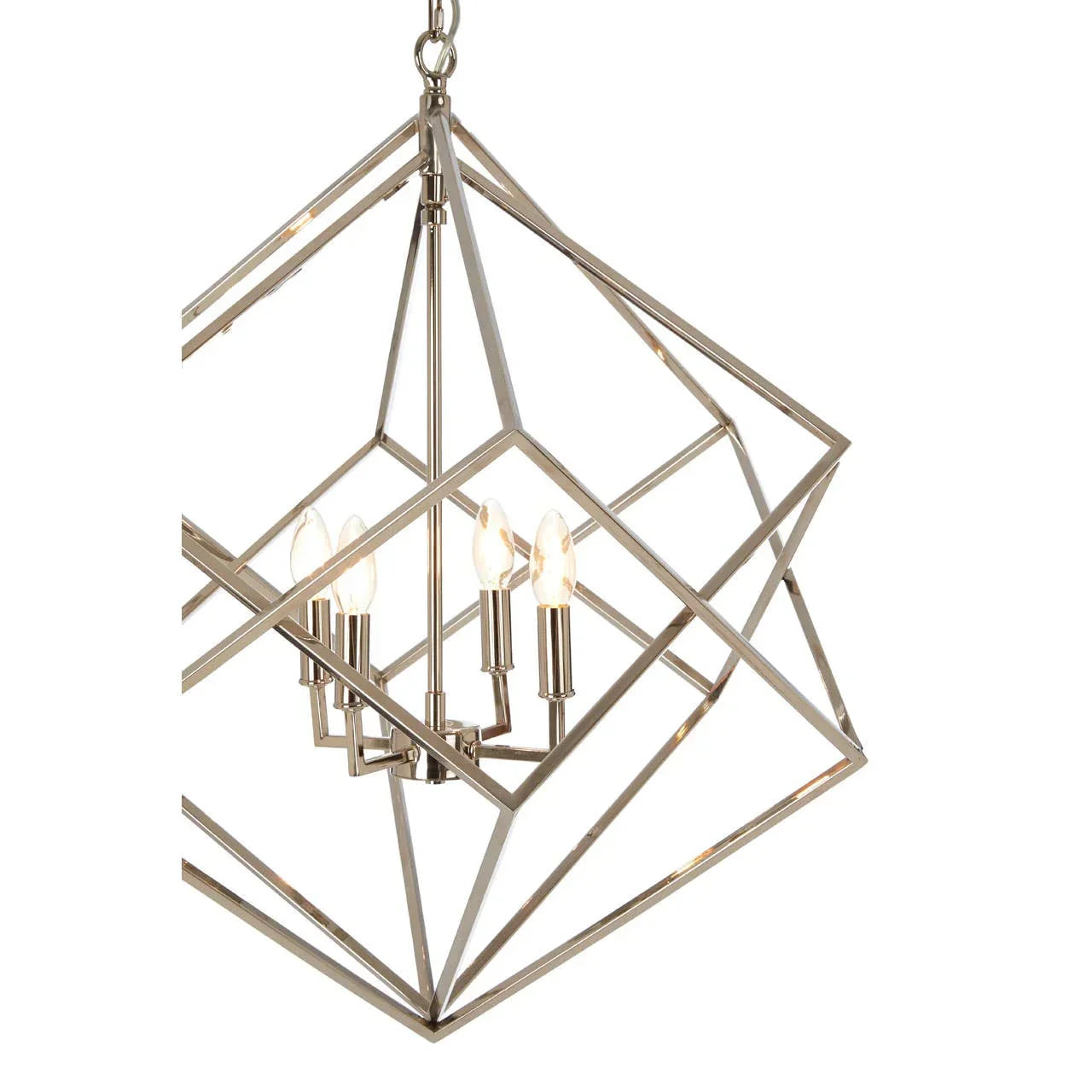 Geometric chrome pendant light with exposed bulbs and metal frame design