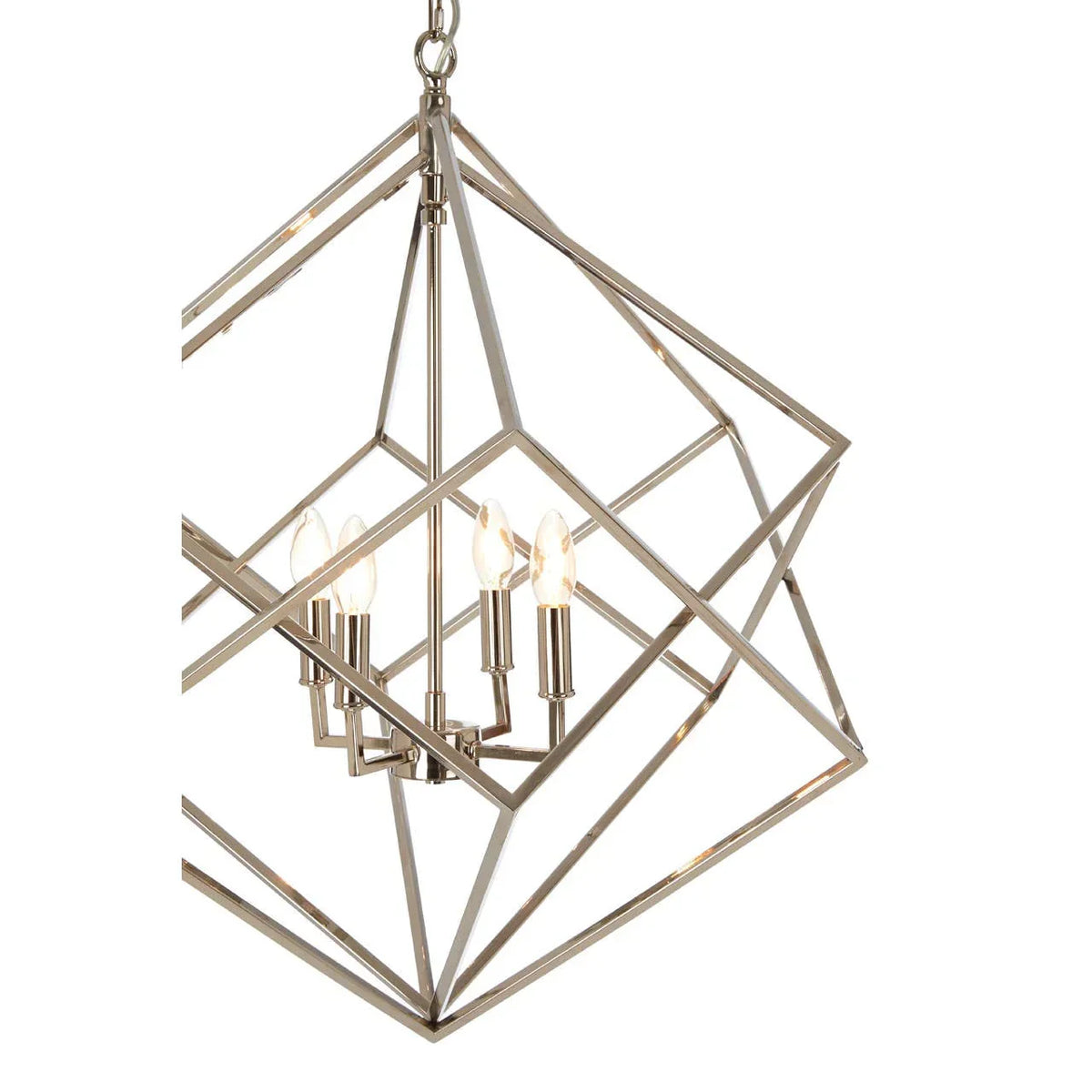 Geometric chrome pendant light with exposed bulbs and metal frame design