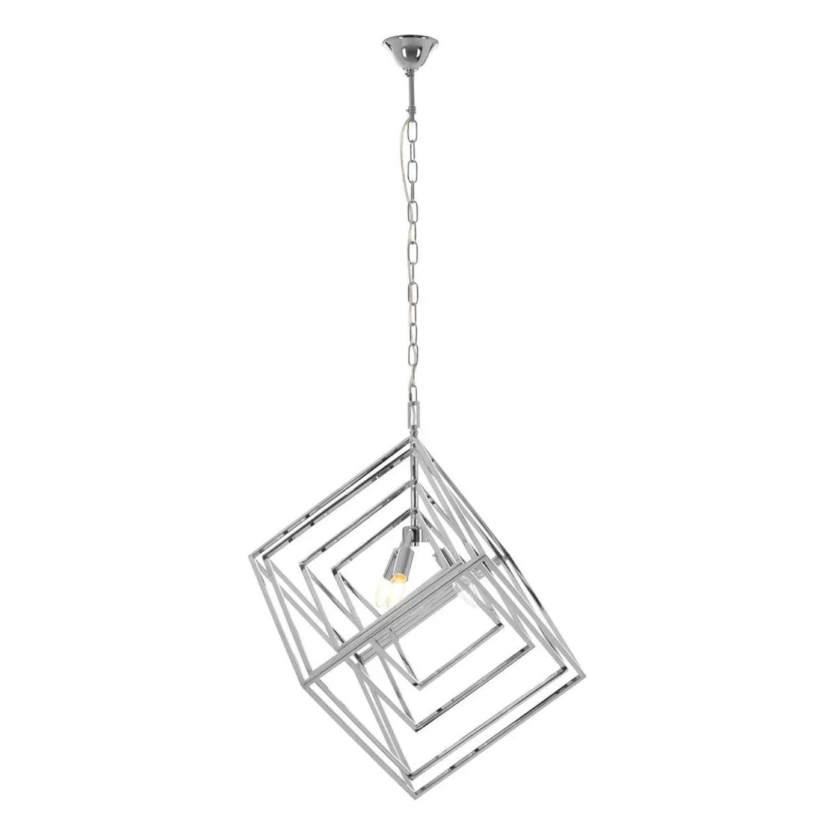 Chrome geometric pendant light with cube frame and exposed bulb on chain
