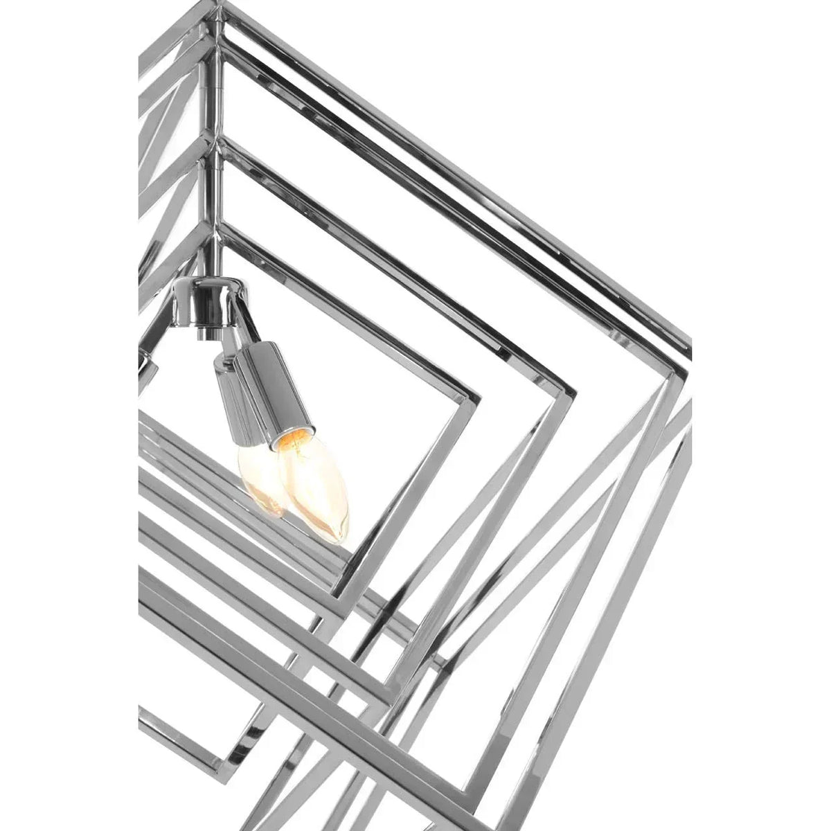 Modern chrome geometric pendant light with exposed bulb and angular metal frame