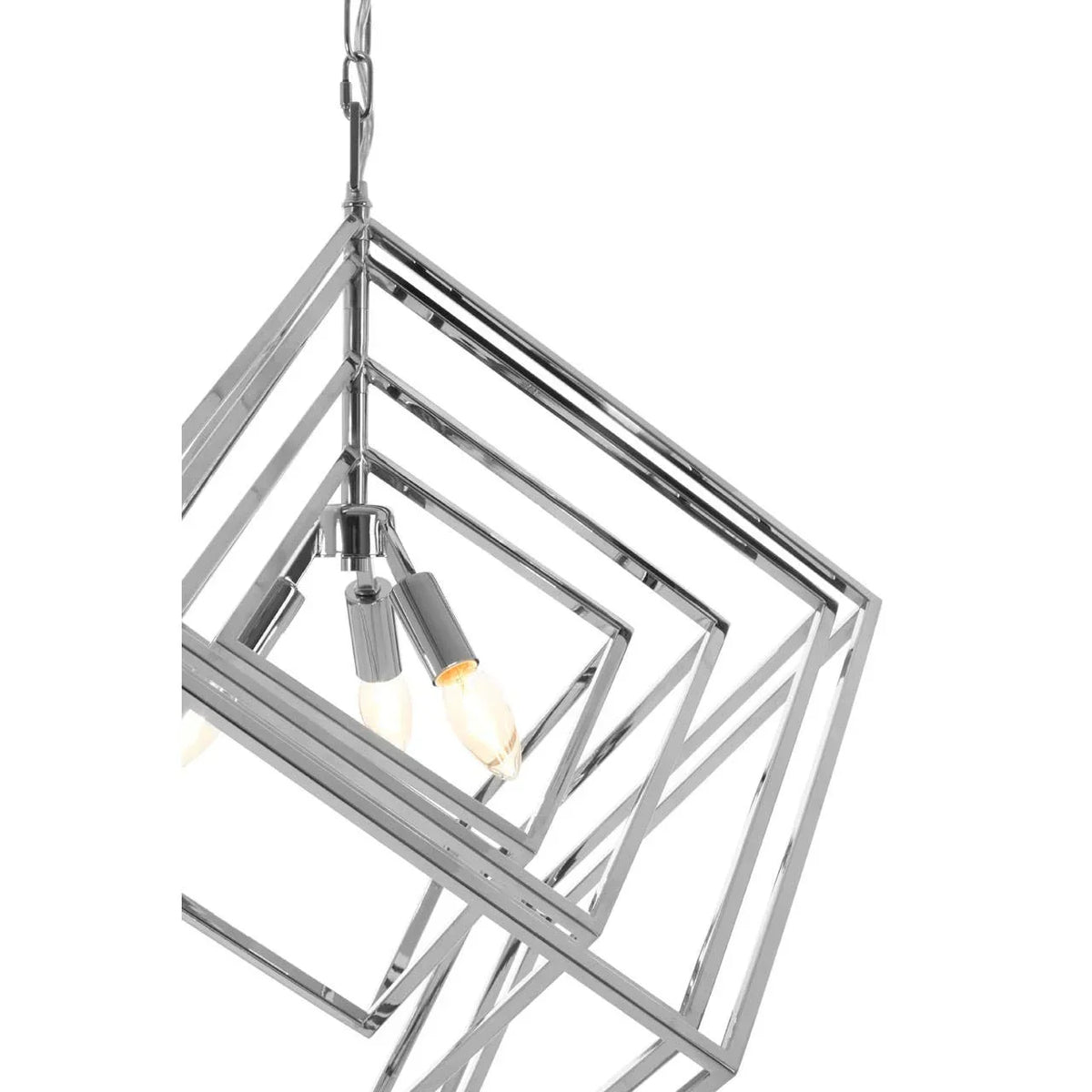 Chrome geometric pendant light with exposed bulbs and angular metal frame