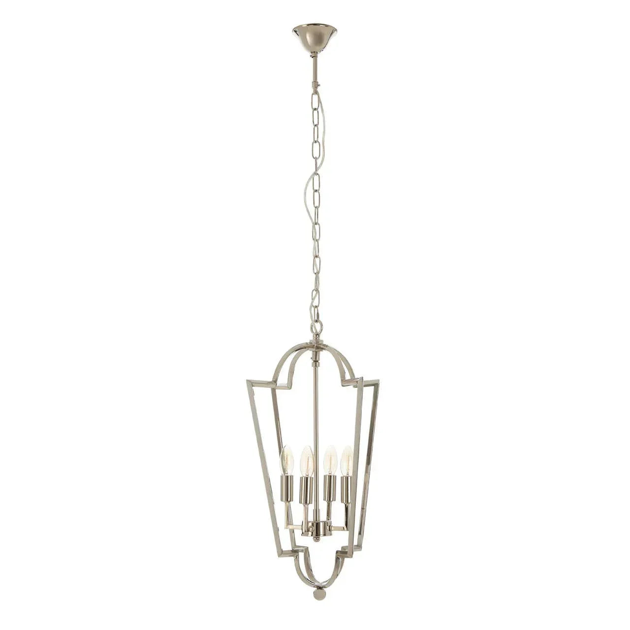 Modern satin nickel chandelier with geometric frame and four candle bulbs hanging on chain