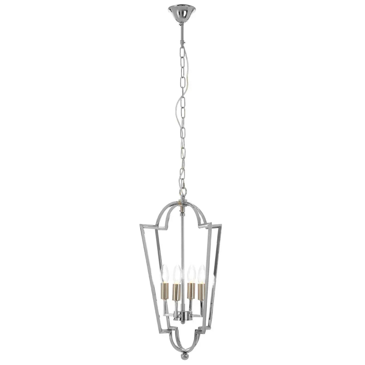 Chrome pendant ceiling light with geometric metal frame and four candle-style bulbs