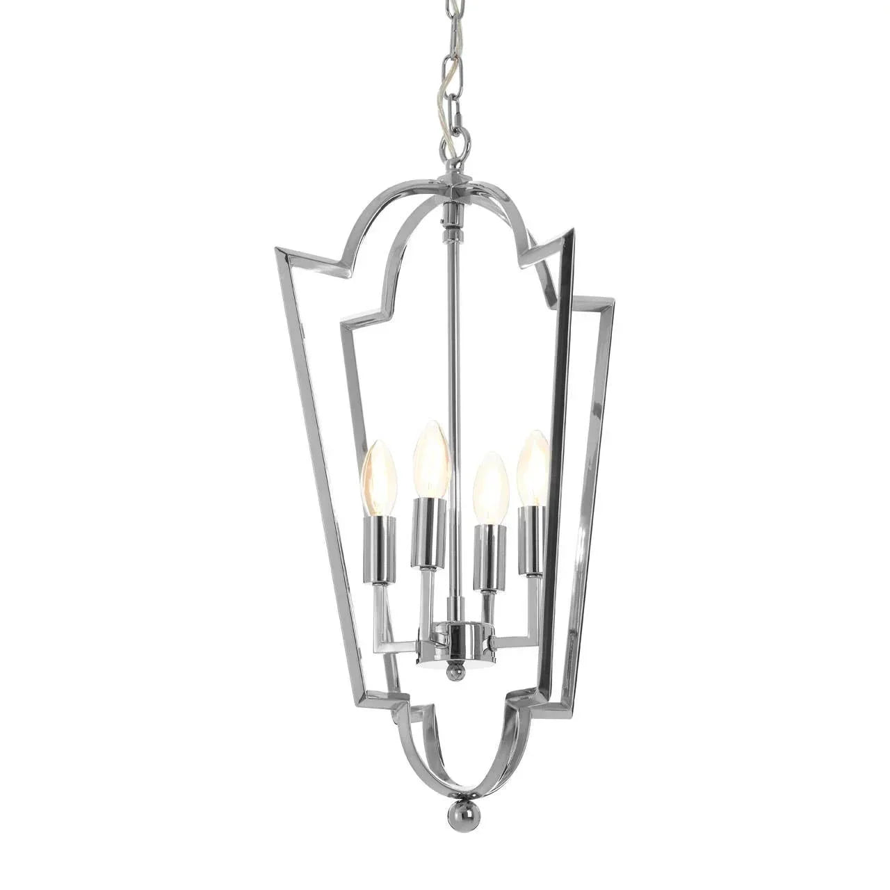 Chrome pendant ceiling light with four candle bulbs and geometric open frame