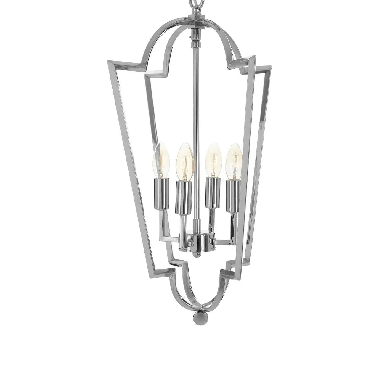 Chrome pendant ceiling light with four candle-style bulbs and geometric frame