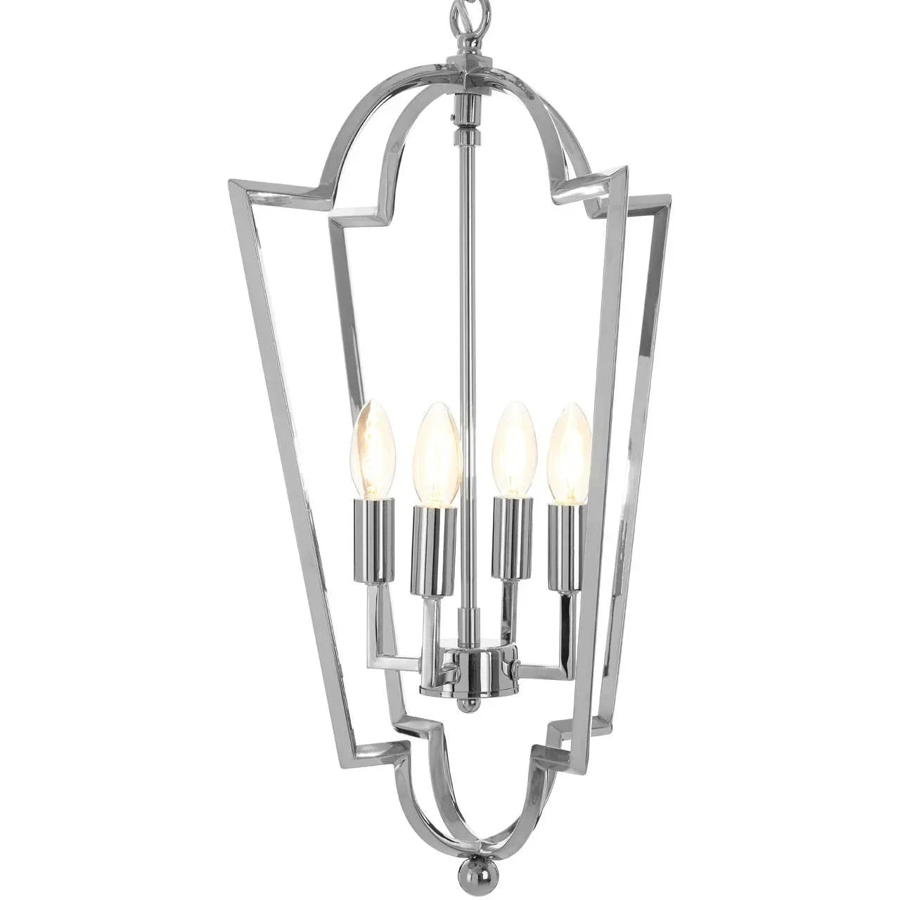 Chrome pendant ceiling light with four candle-style bulbs in geometric metal frame