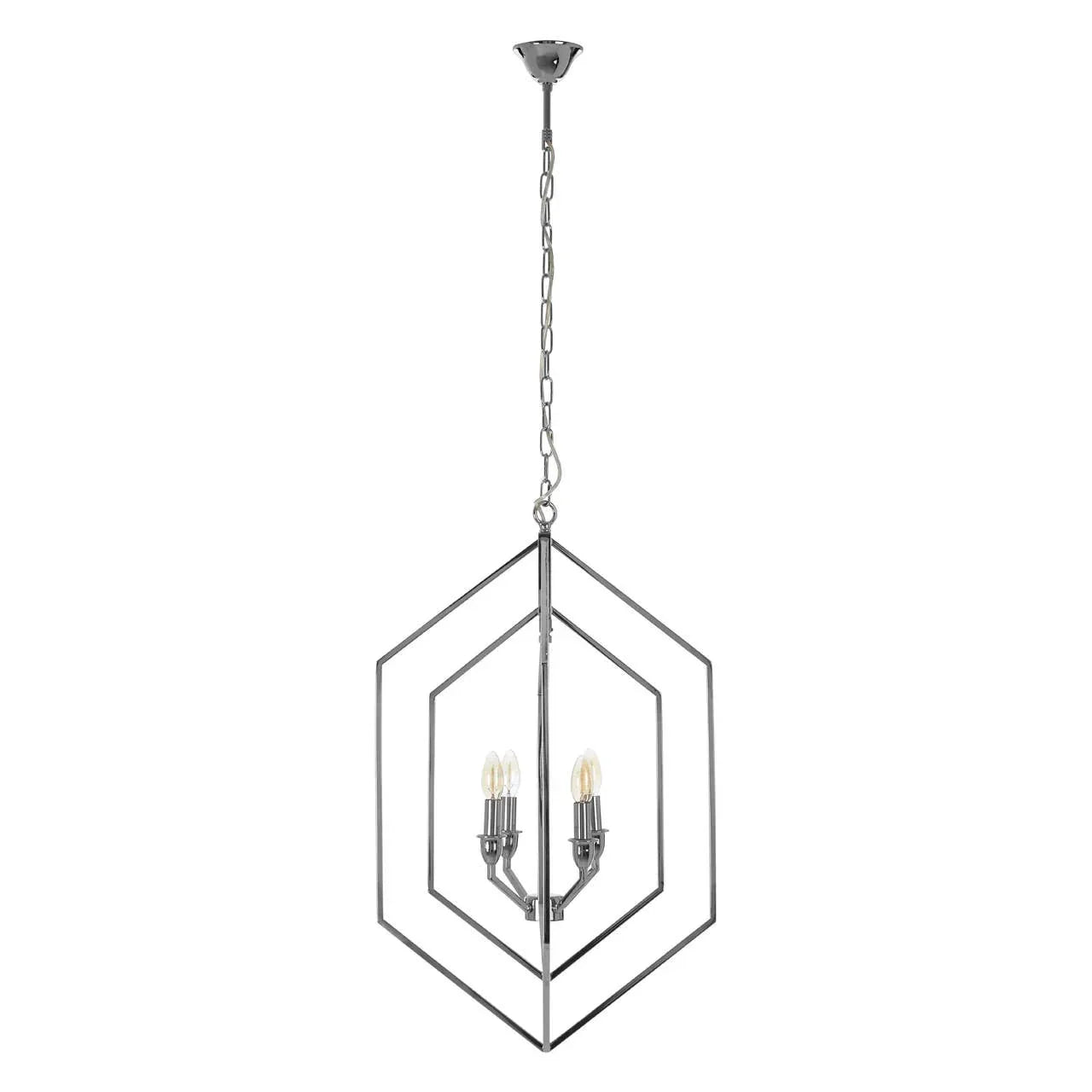 Chrome geometric pendant light with four bulbs and open hexagonal metal frame
