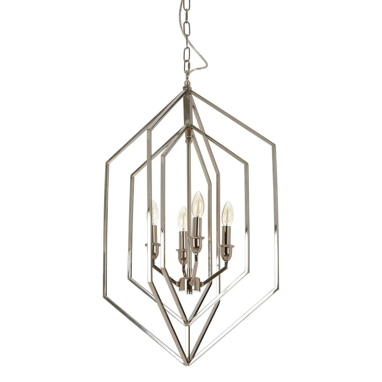 Chrome geometric pendant light with open metal frame and five candle-style bulbs