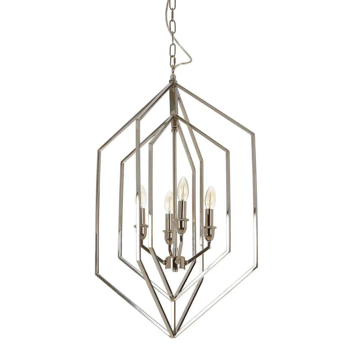 Chrome geometric pendant light with open metal frame and five candle-style bulbs