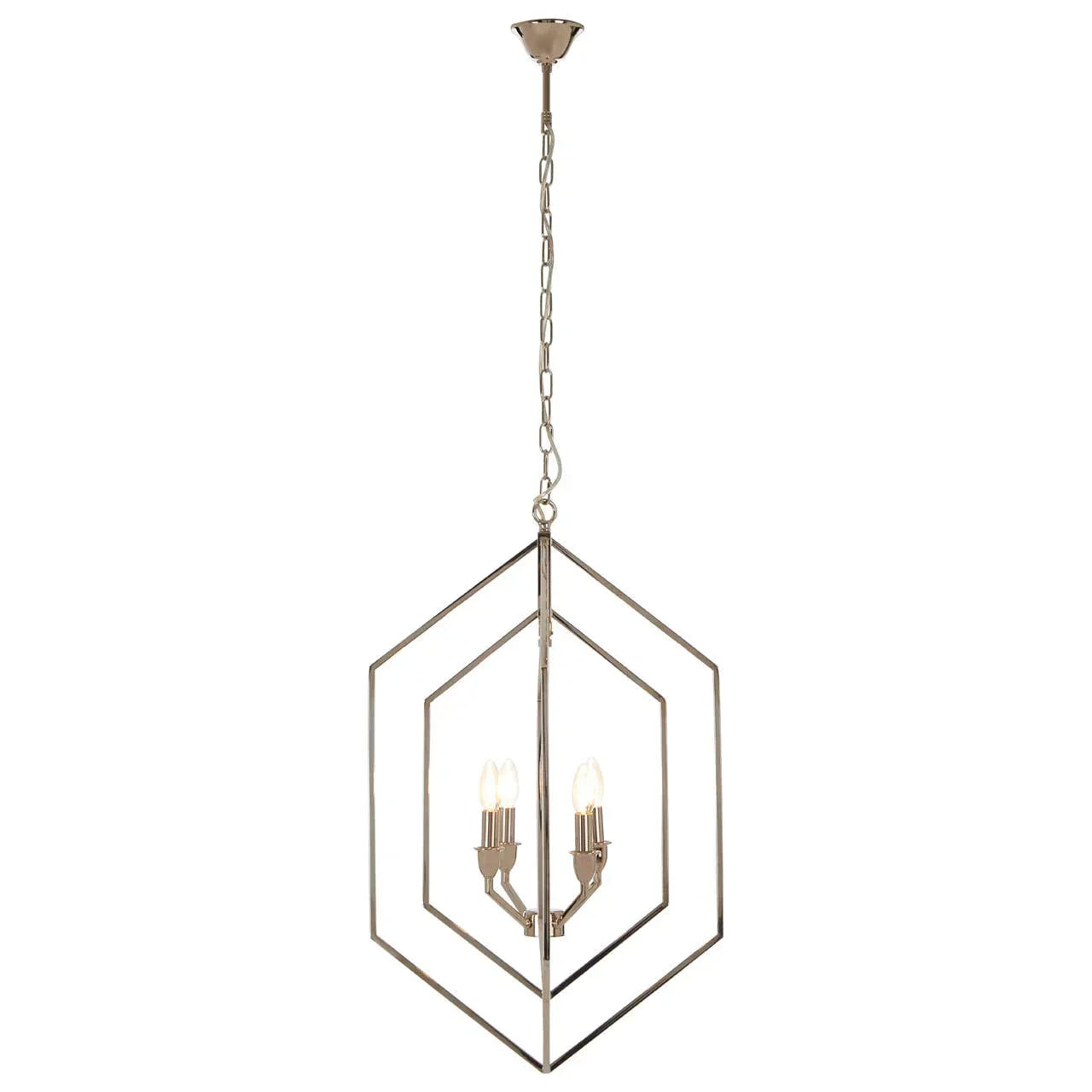 Modern geometric pendant ceiling light with chrome frame and three exposed bulbs