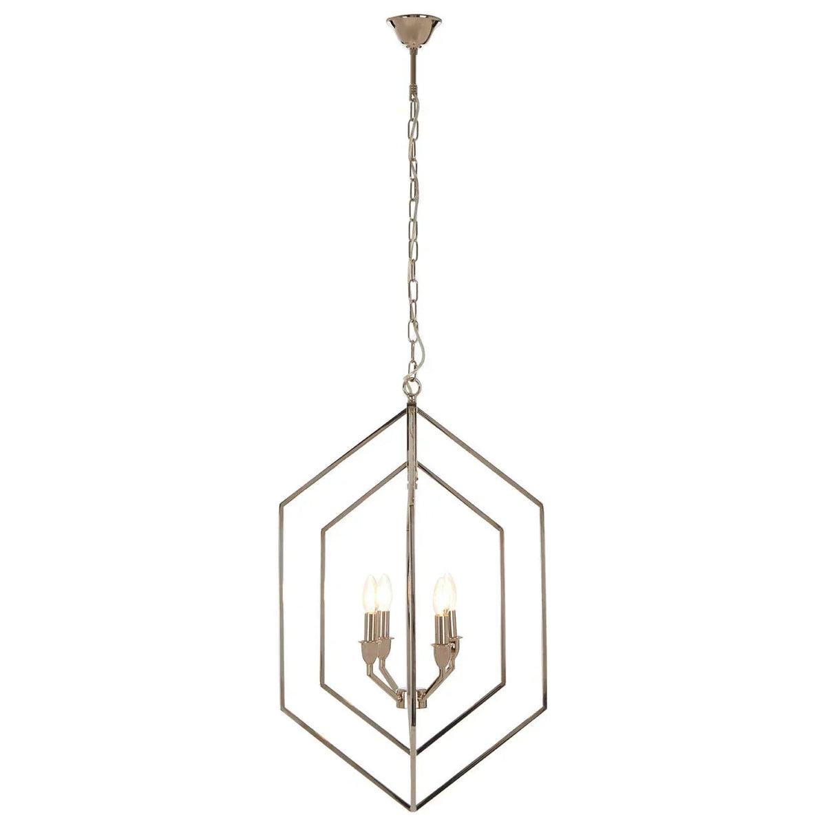 Modern geometric pendant ceiling light with chrome frame and three exposed bulbs