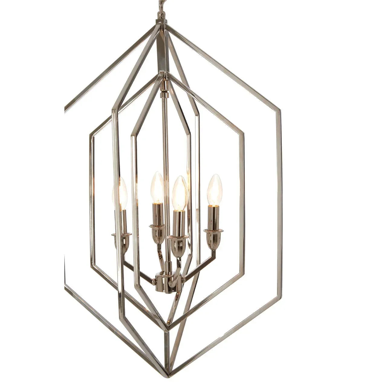 Geometric chrome pendant light with exposed candle bulbs and modern metal frame