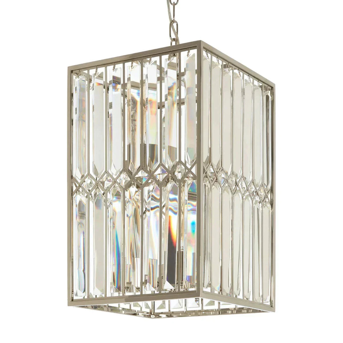 Rectangular crystal pendant light with chrome frame, hanging by chain, close view