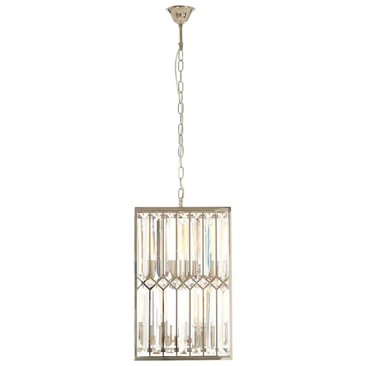 Rectangular crystal pendant ceiling light with chrome frame and chain hanging
