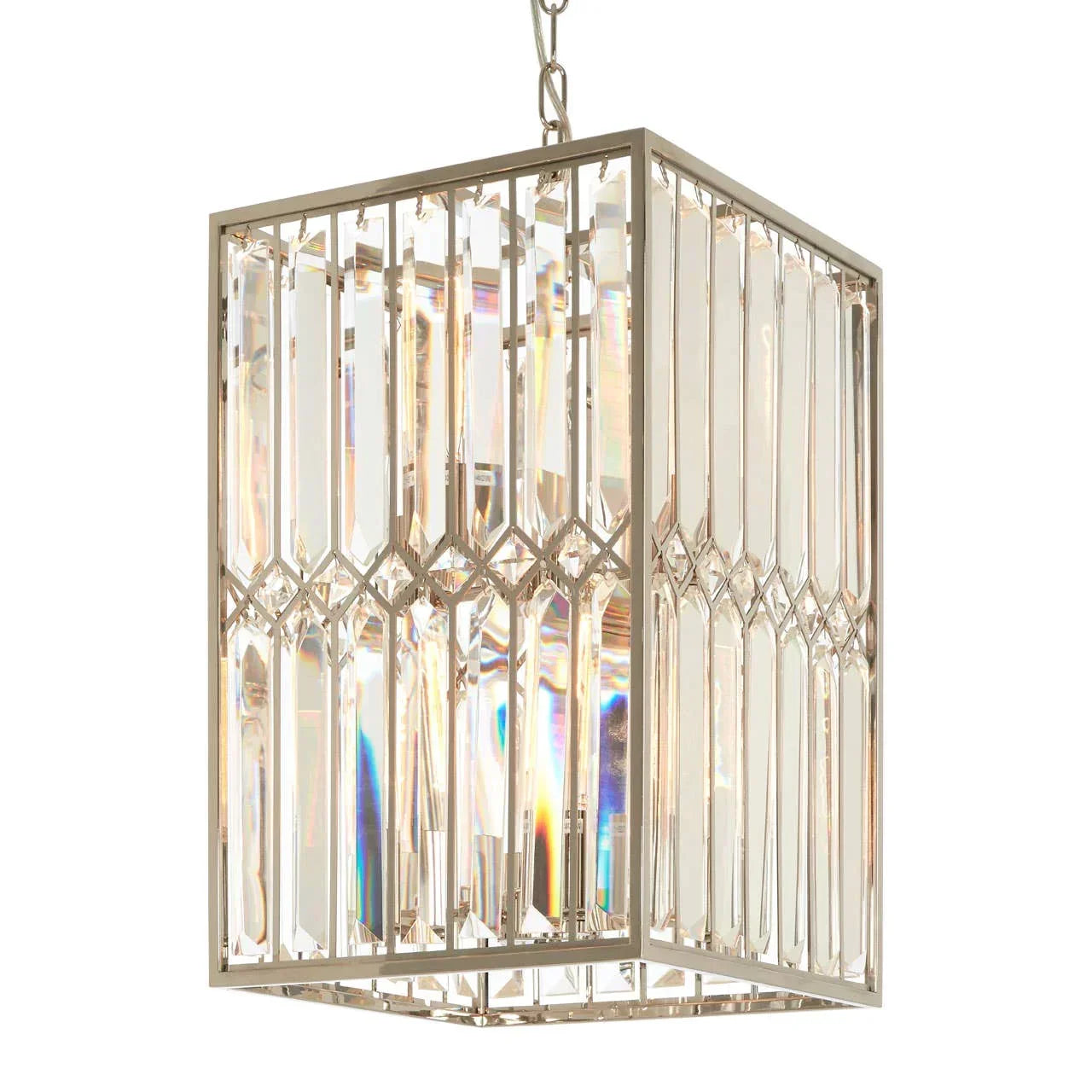 Rectangular crystal pendant light with gold metal frame and hanging chain