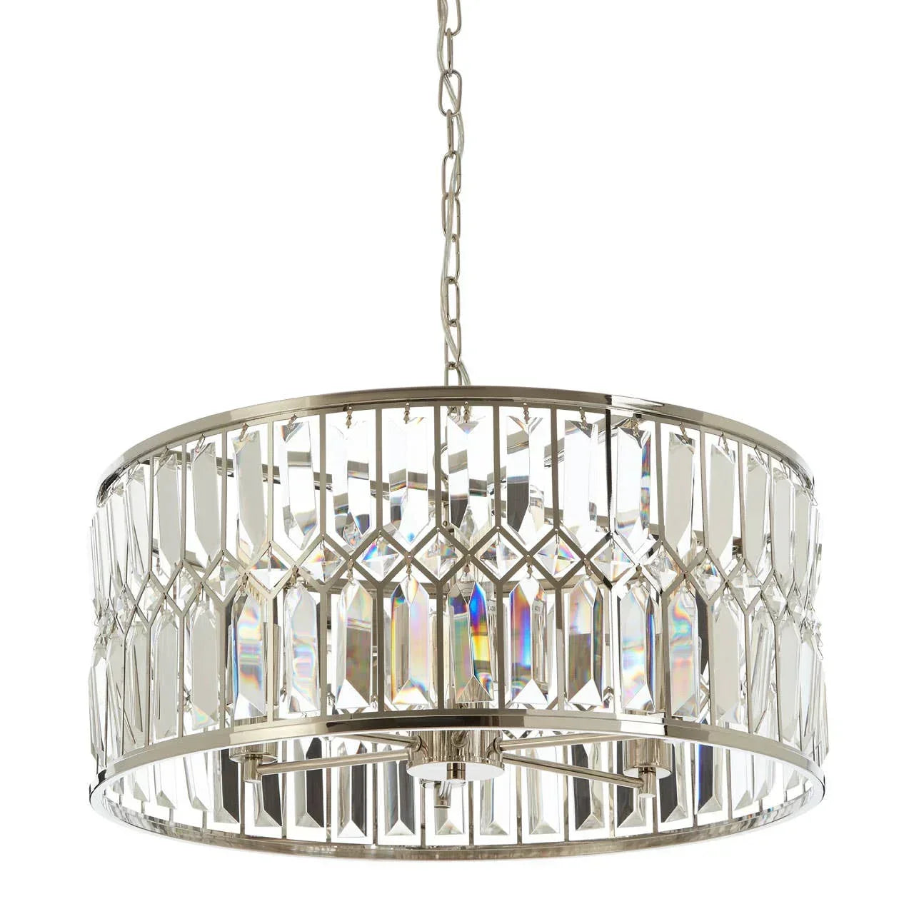 Crystal drum pendant light with chrome frame and hanging chain, close-up view