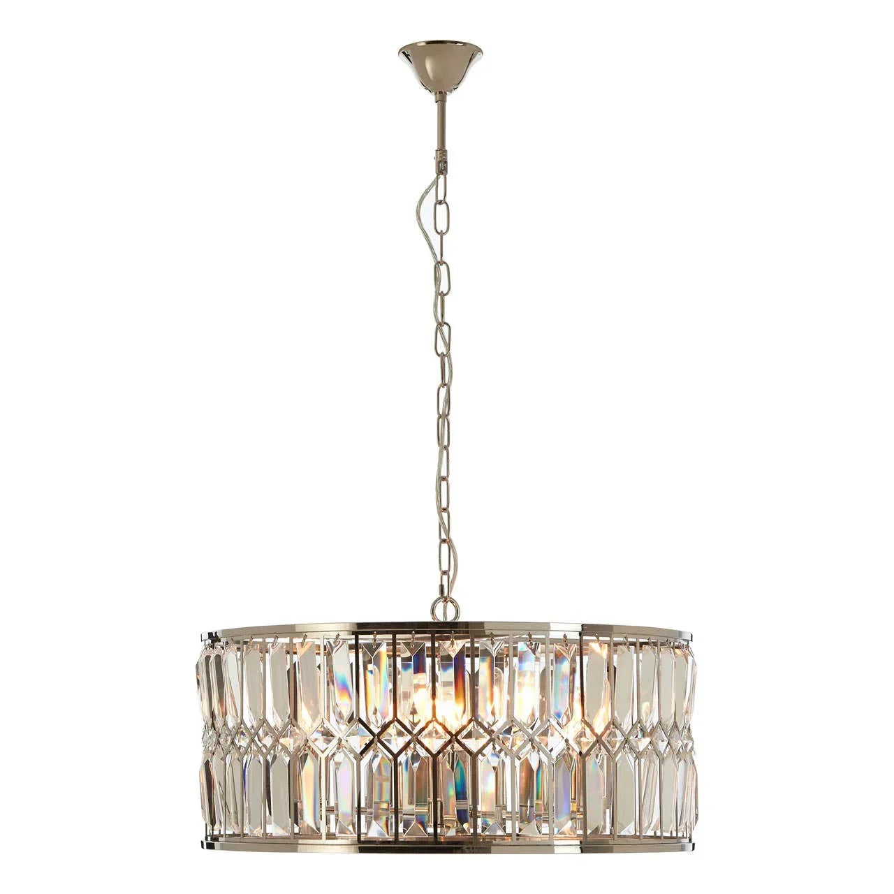 Crystal drum pendant light with gold frame and chain hanging from ceiling