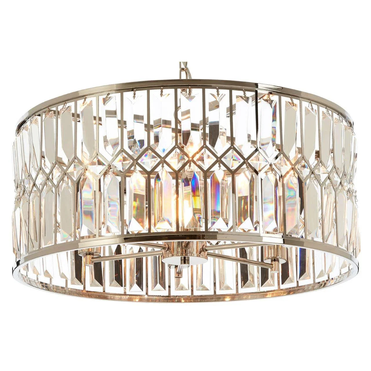 Crystal and chrome ceiling light with faceted glass detail and round drum frame
