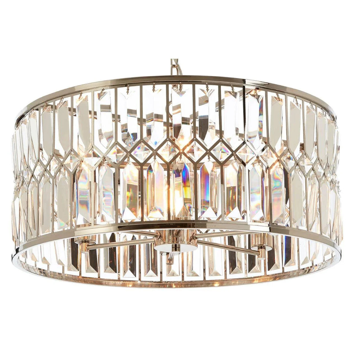 Crystal and chrome ceiling light with faceted glass detail and round drum frame