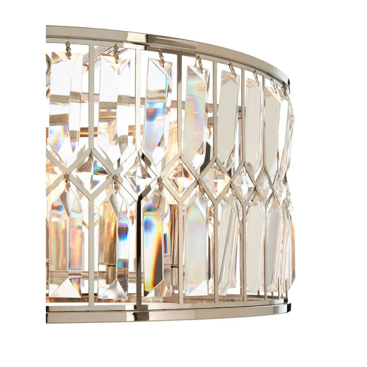 Close-up of crystal wall light with chrome frame and clear glass panels