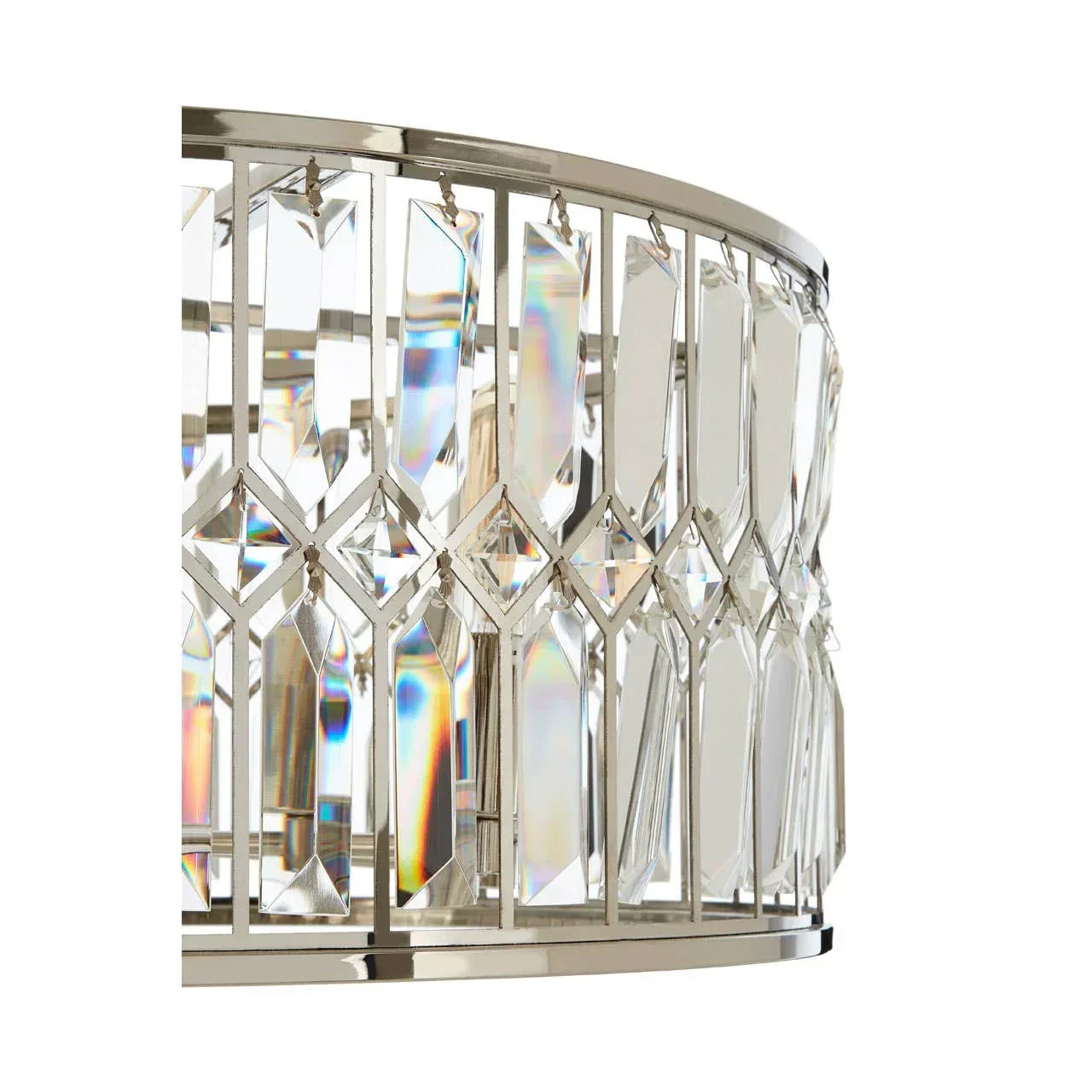 Close view of chrome crystal chandelier with geometric metal frame and hanging glass prisms