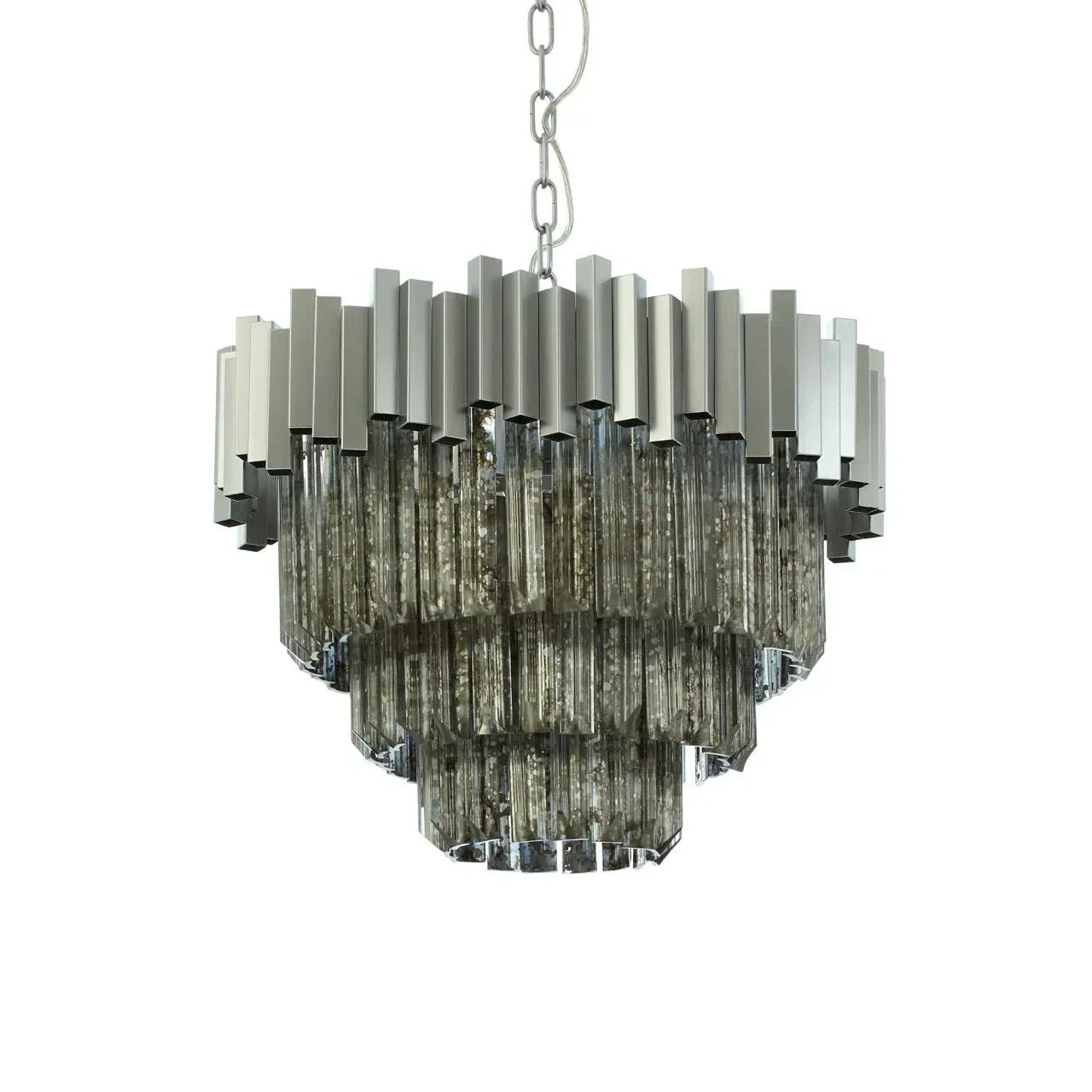 Chrome and glass chandelier with tiered rectangular drops and chain suspension