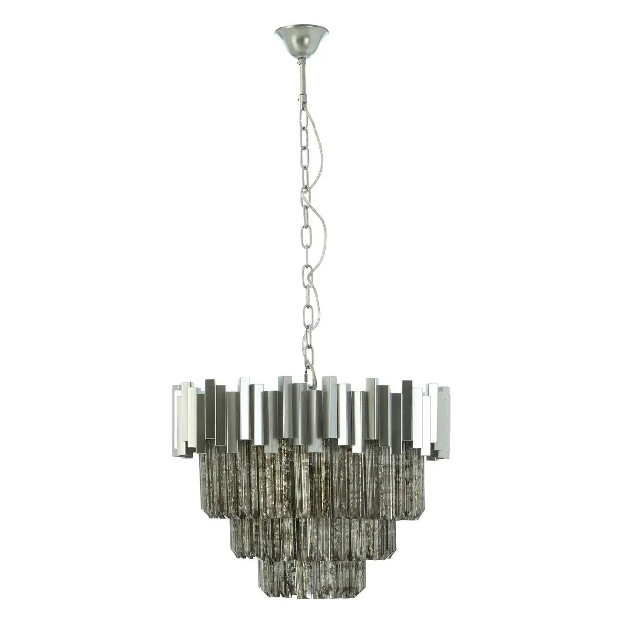 Three-tiered glass and metal chandelier pendant light with silver finish, suspended by a chain