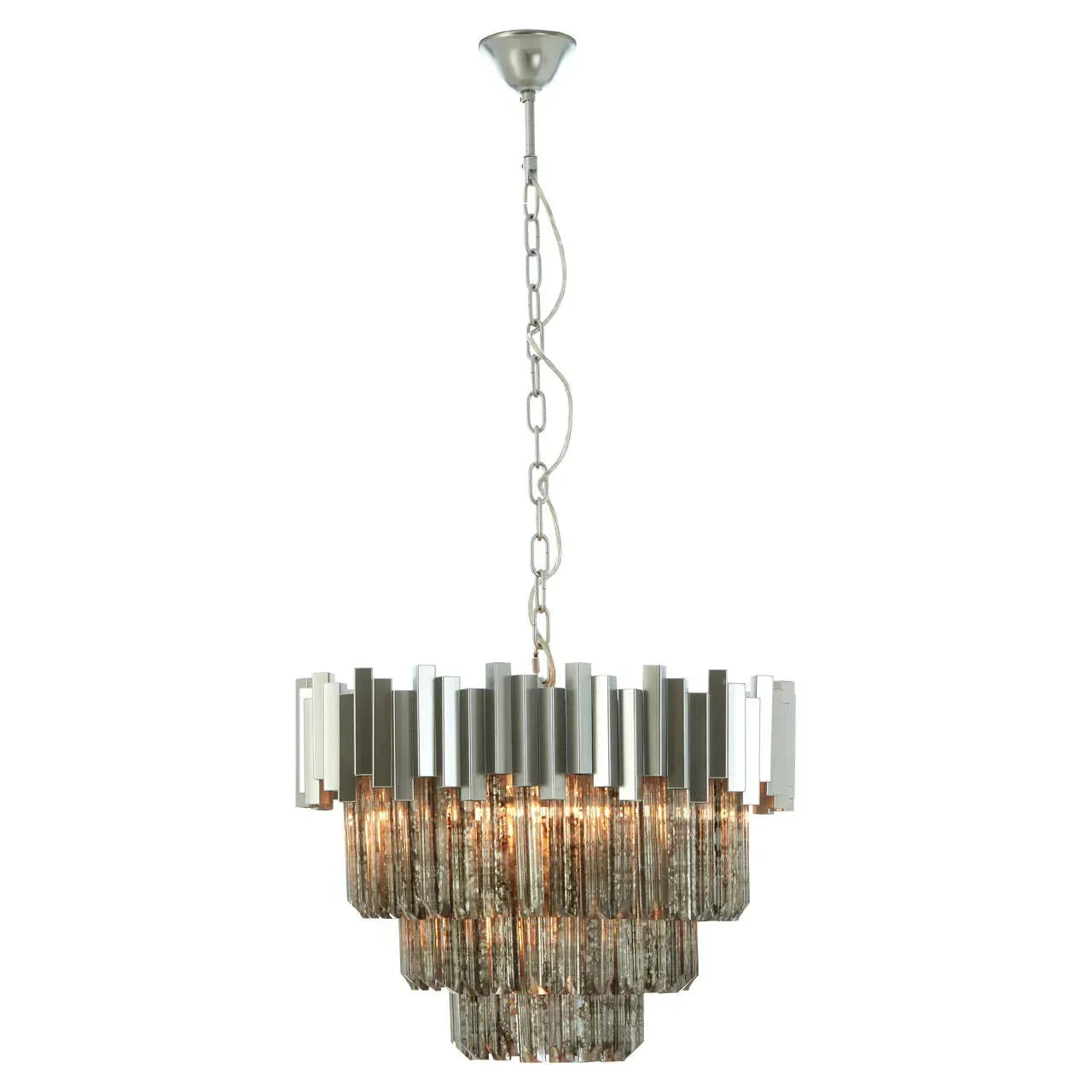 Chrome and glass chandelier with layered rods and chain suspension, modern lighting fixture