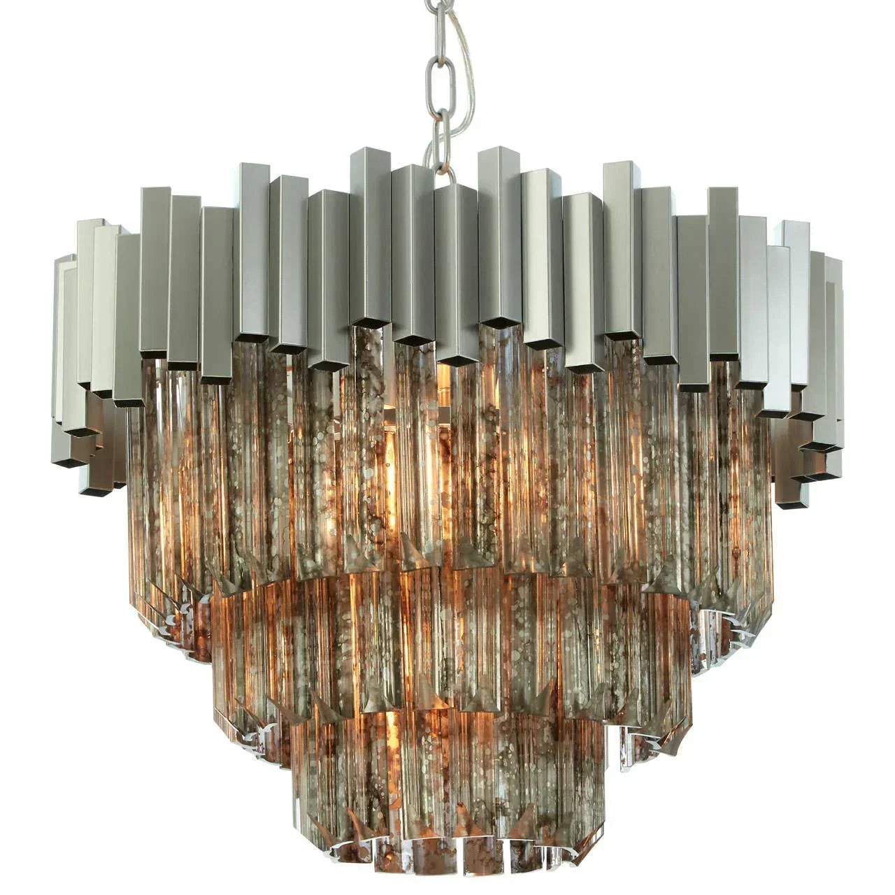 Tiered glass and chrome chandelier with geometric design and warm lighting