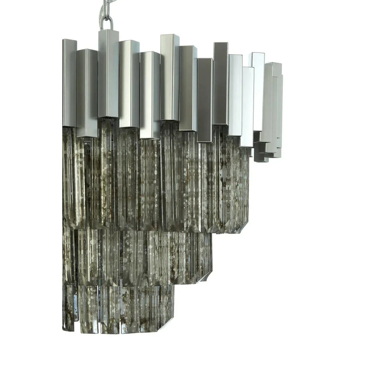 modern chandelier with tiered glass and chrome finish, close-up on angular design