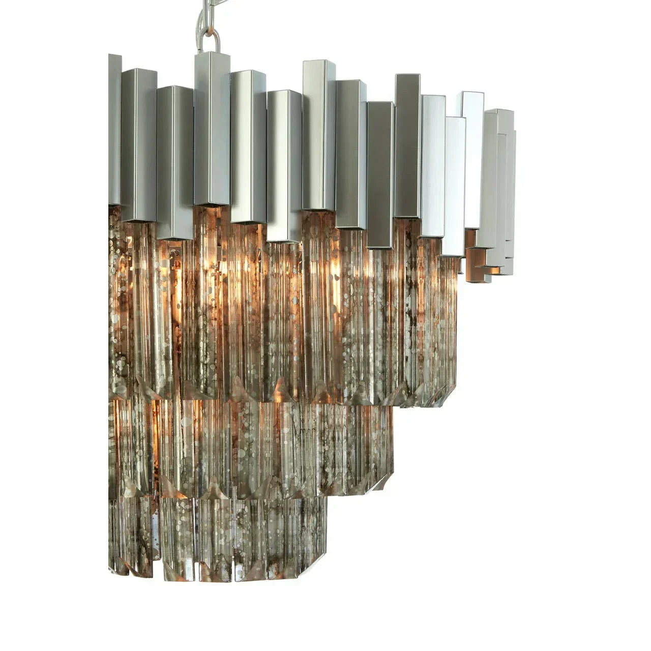 Contemporary glass and chrome chandelier with tiered geometric pendant lighting design