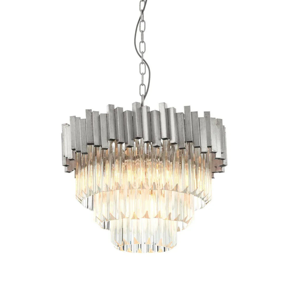 Modern crystal chandelier with tiered glass rods and brushed metal frame, ceiling hanging light