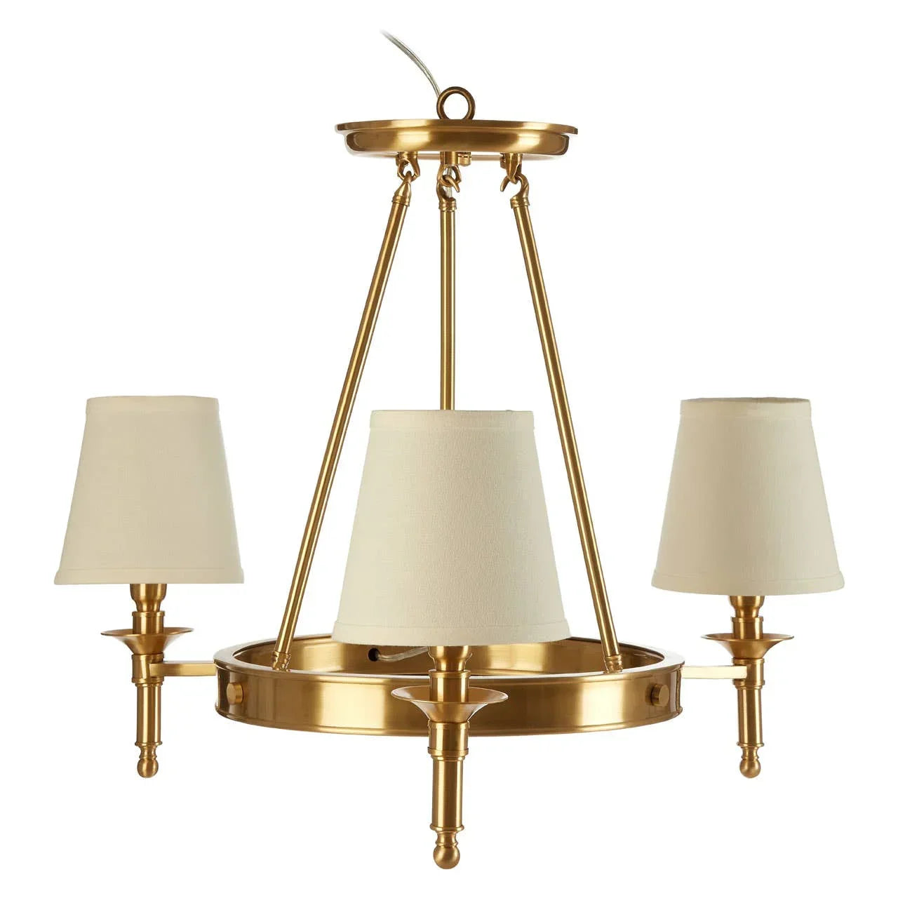 Gold chandelier with three cream fabric lamp shades and elegant metal frame, front view