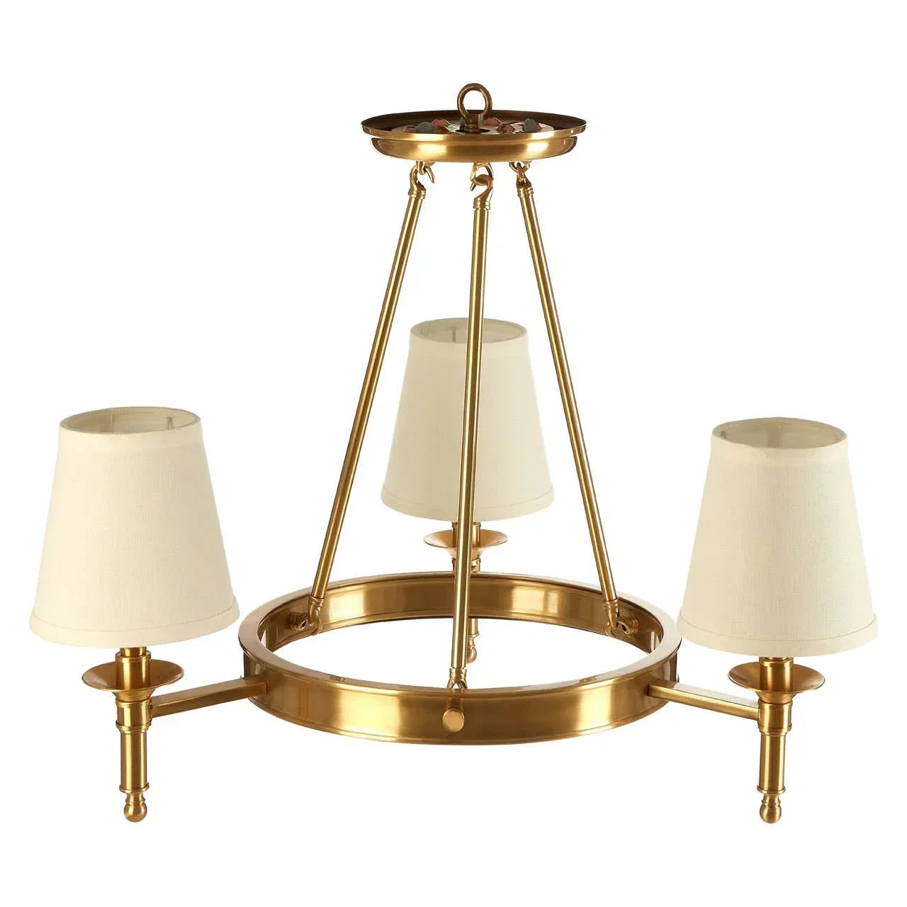 Gold finish chandelier with three cream fabric lampshades and circular frame