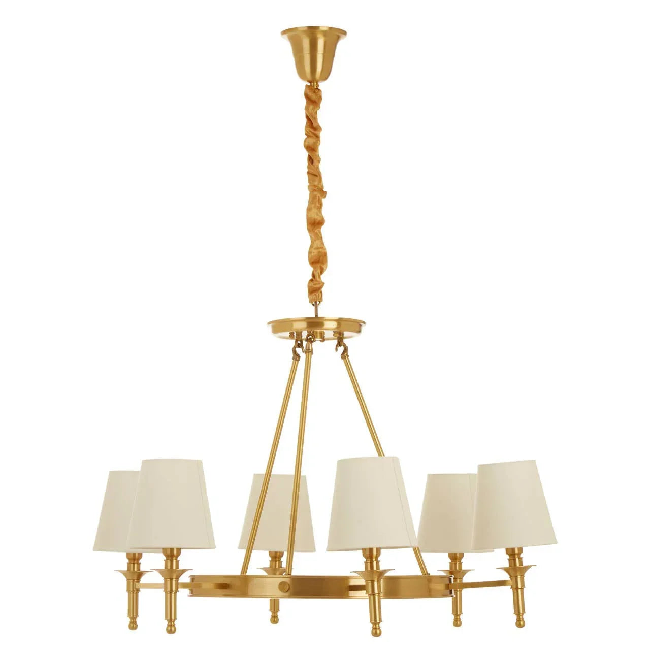 Gold metal chandelier with six cream fabric lampshades and suspended chain detail