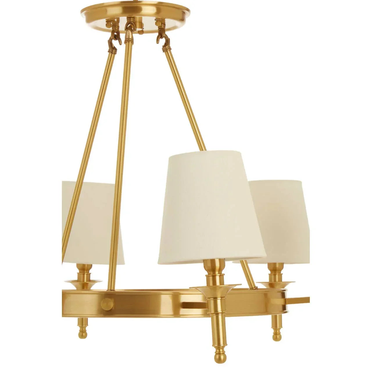 Gold metal ceiling light with round frame and four cream fabric lampshades