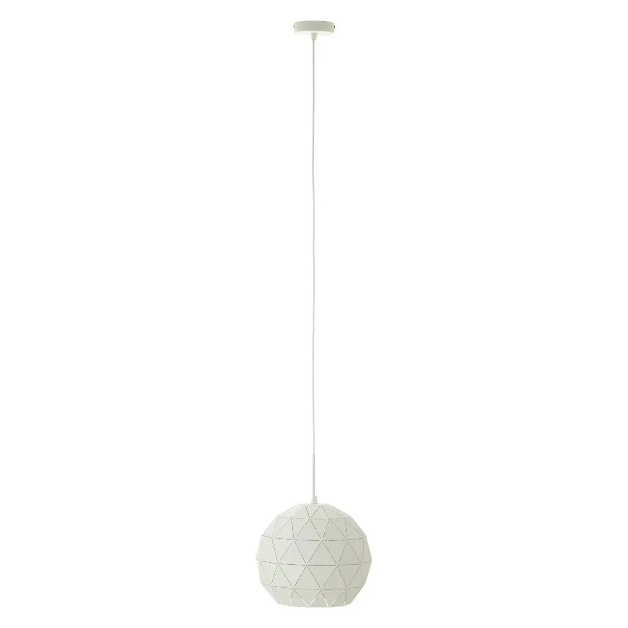 White geometric pendant light with spherical shade and long ceiling cord