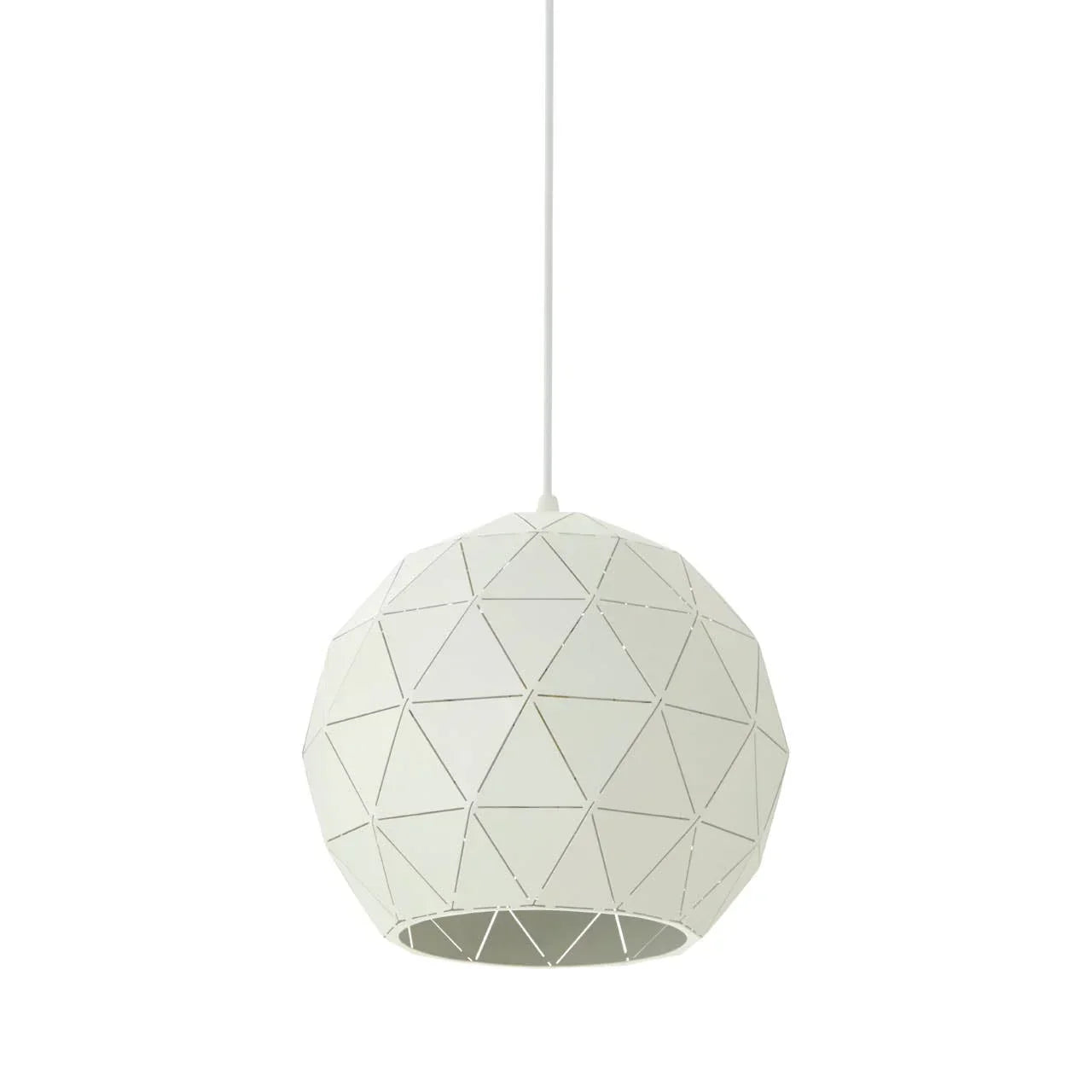 White geometric pendant light with triangle cutout pattern, front view