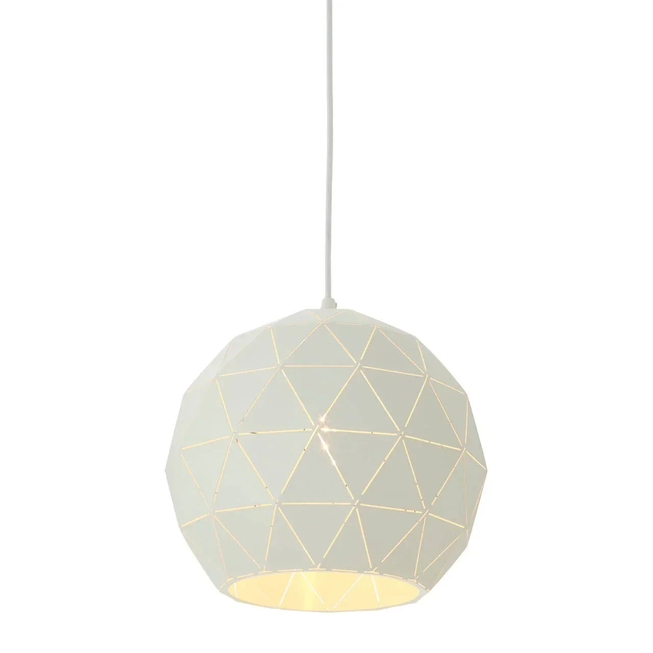 White geometric pendant light with cutout triangles, modern ceiling lamp illuminated