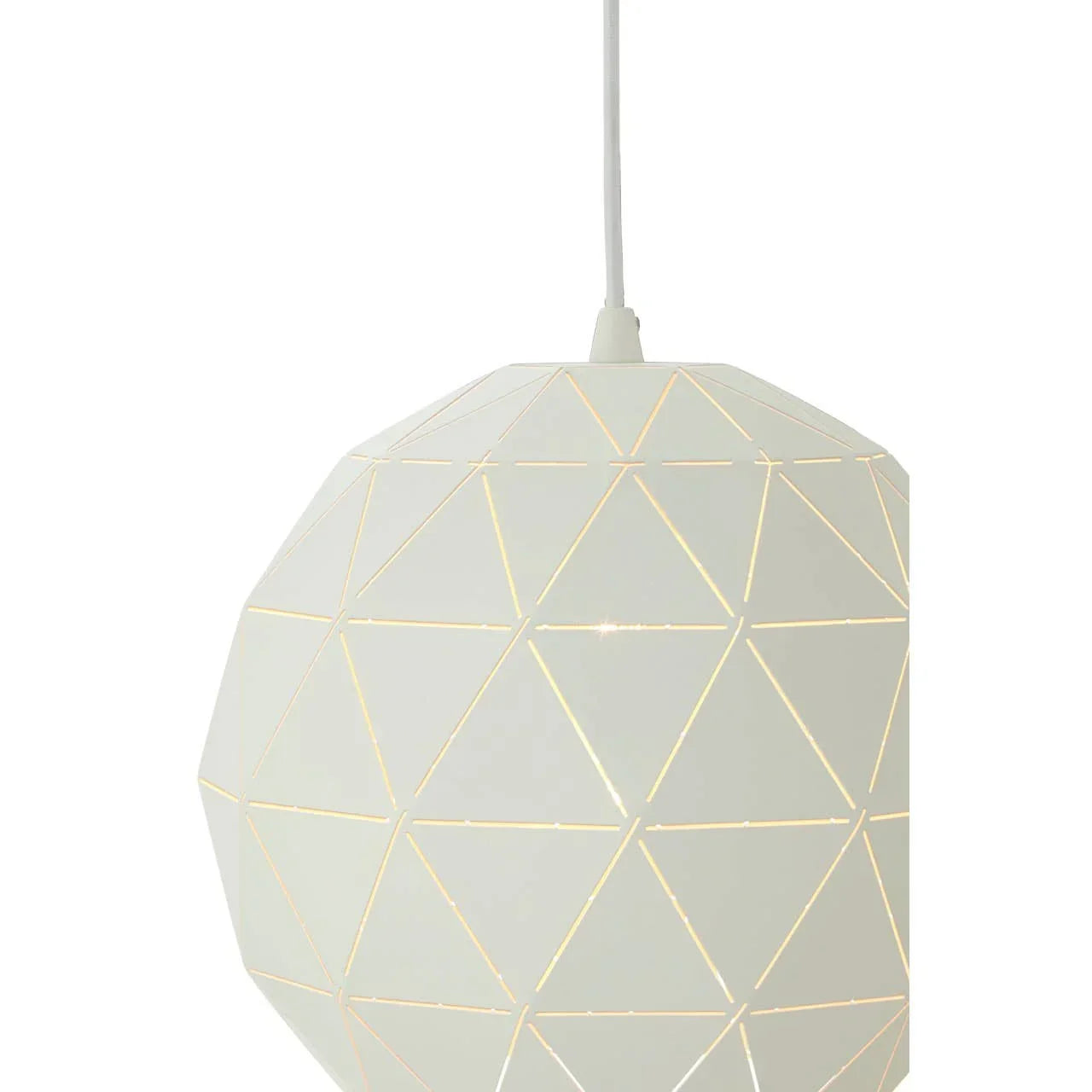 White geometric pendant light with cut-out pattern and subtle glow, hanging from ceiling