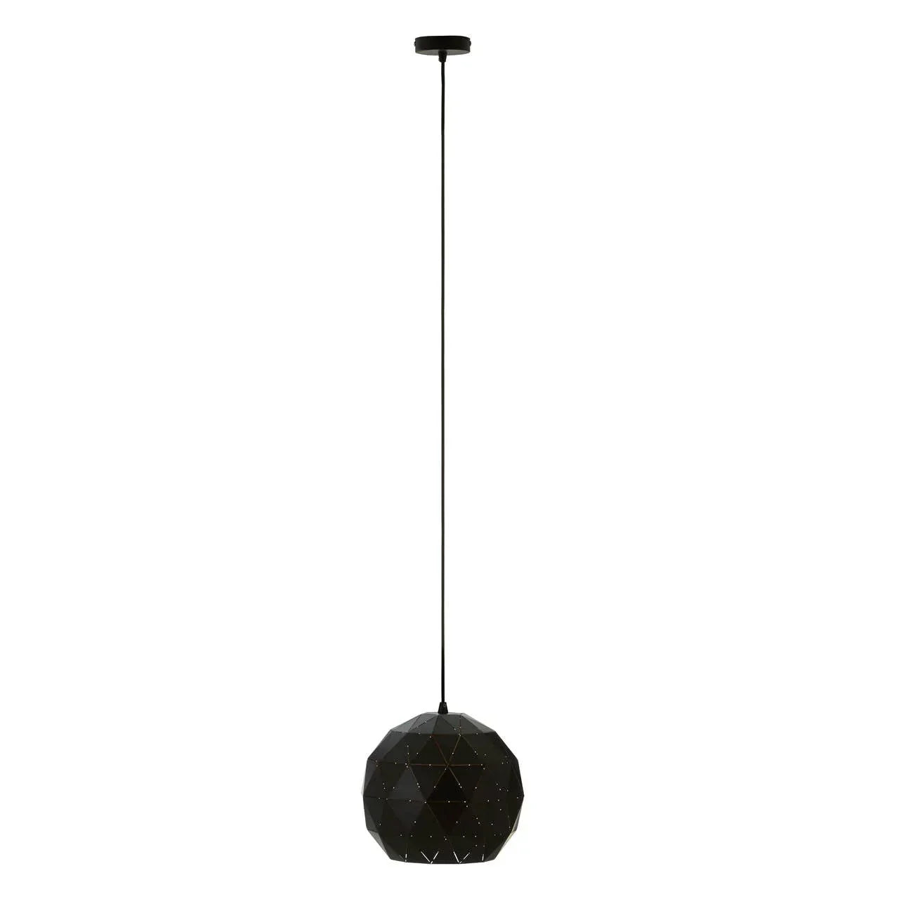 Black geometric pendant light with faceted shade hanging from ceiling
