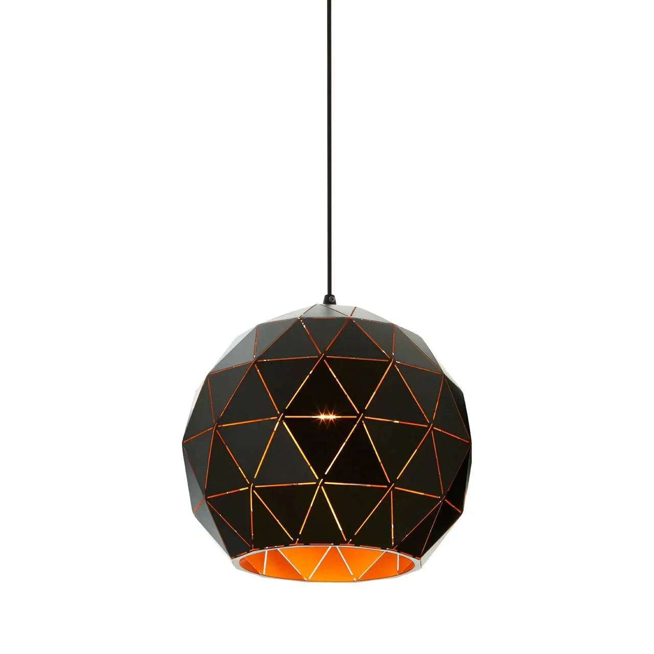 Geometric black pendant light with orange interior and cut-out triangle pattern