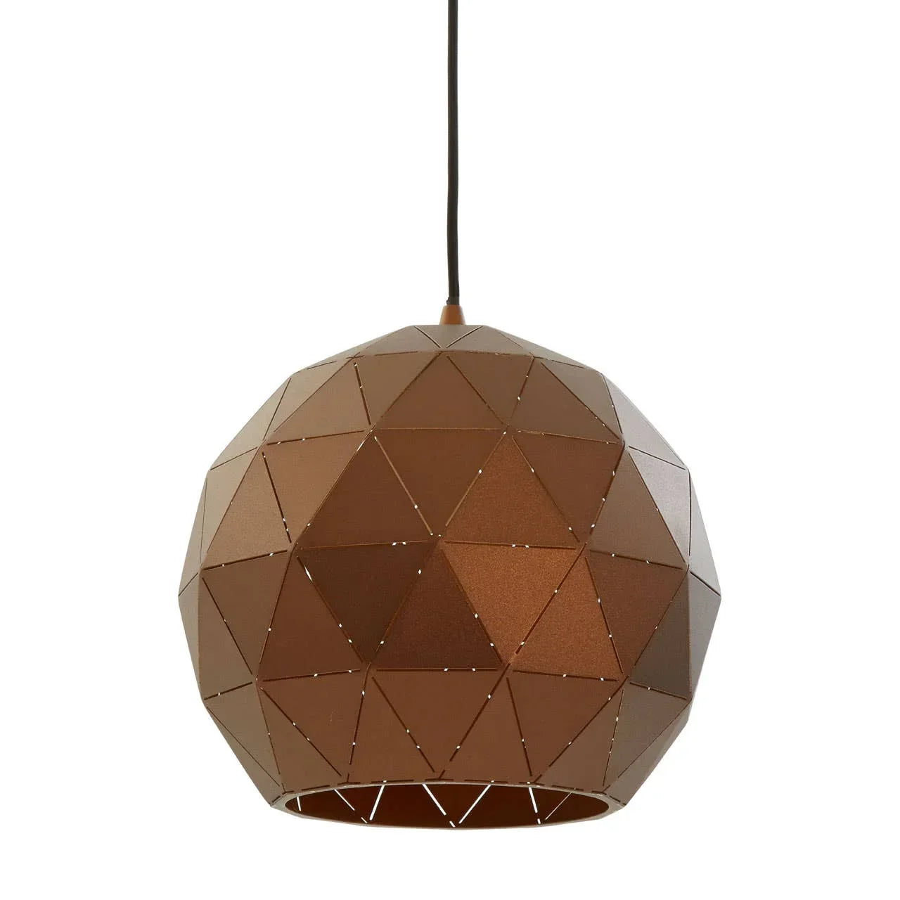 Geometric bronze metal pendant light shade with polygonal design and black hanging cord